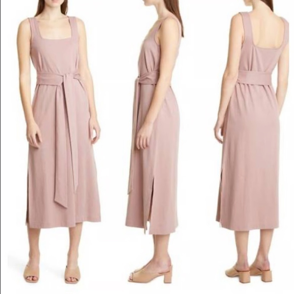 Vince Pima Cotton Square Neck Belted Midi Dress Mauve Size Small